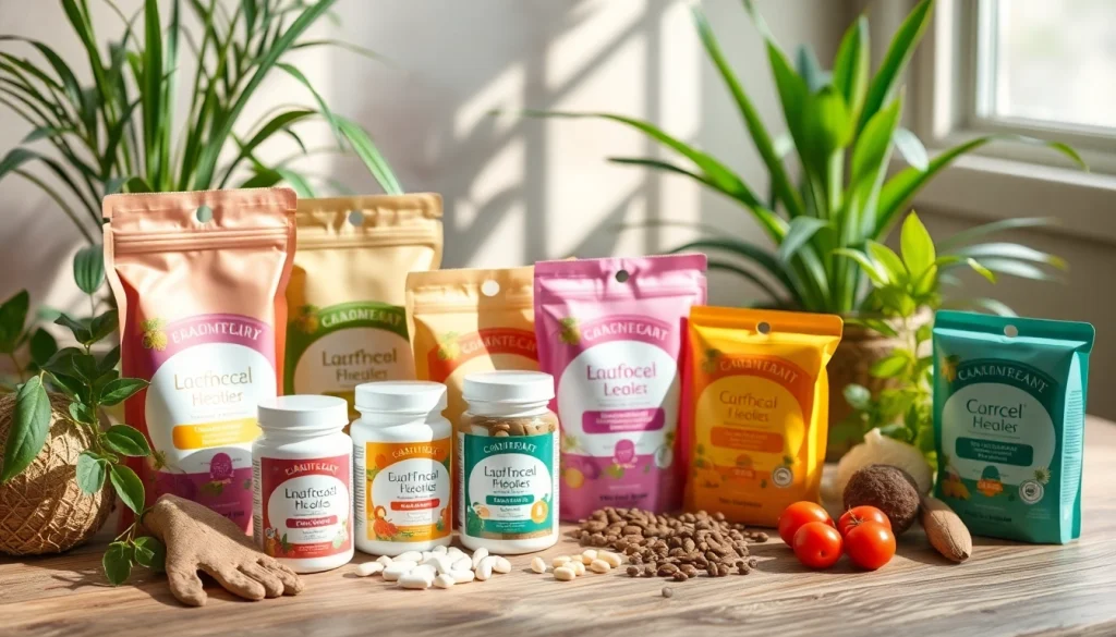 Explore dietary supplements featuring vibrant packaging surrounded by healthy foods and plants.