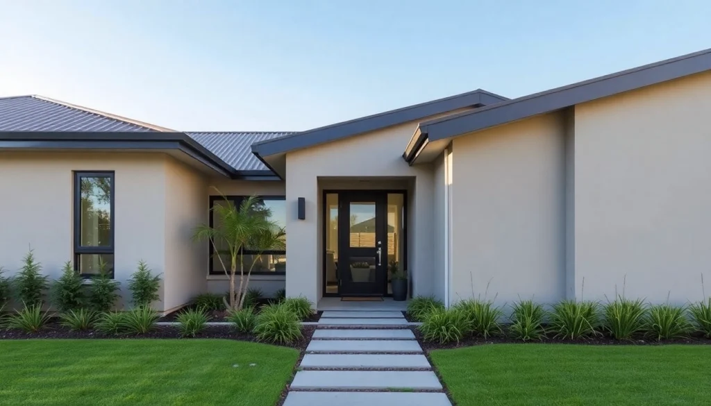 View of Margaret Drive Residence's modern architecture with lush landscaping and inviting entrance.