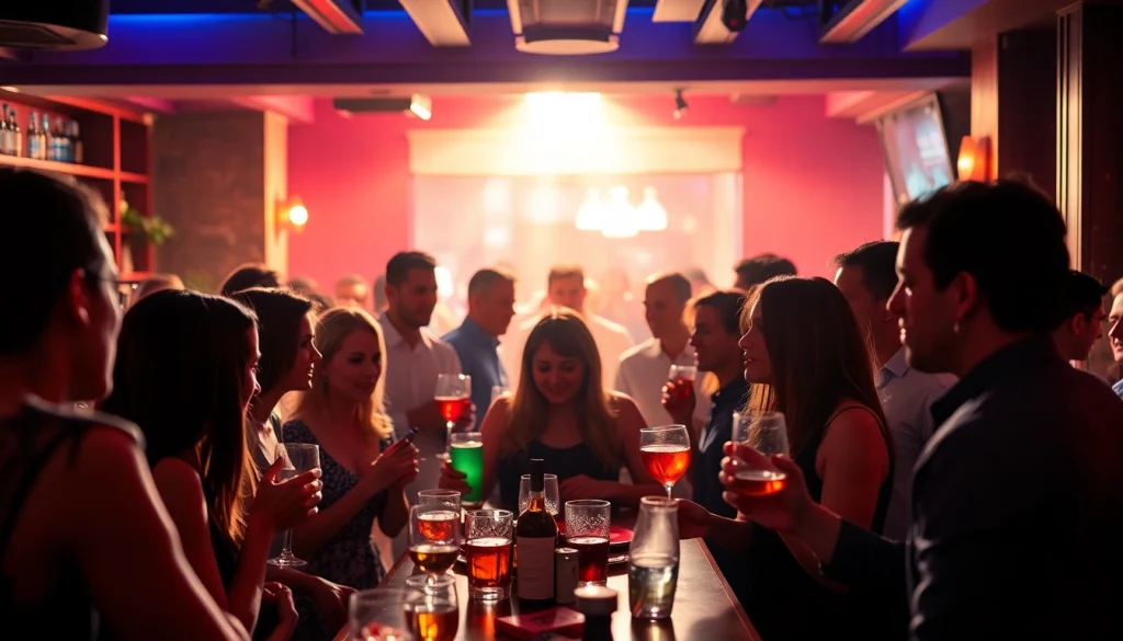 Socializing at an After Work Party with drinks and laughter in a chic bar setting.