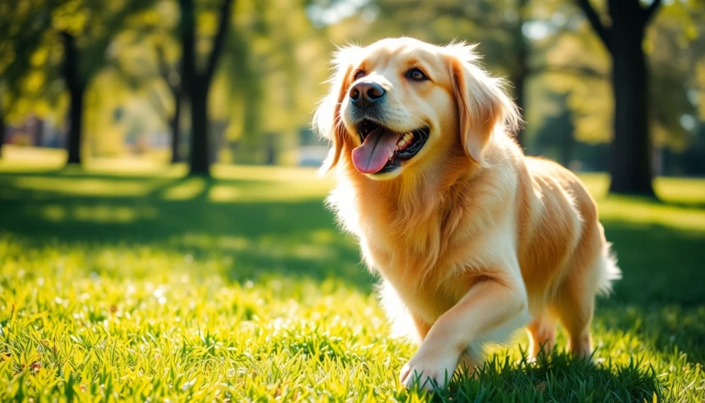 Kate's K9 Pet Care showcases a golden retriever joyfully playing in a sunny park setting.