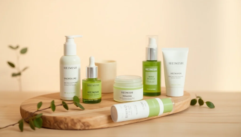 Shop Heimish kaufen with a natural skincare collection displayed elegantly on a wooden surface.