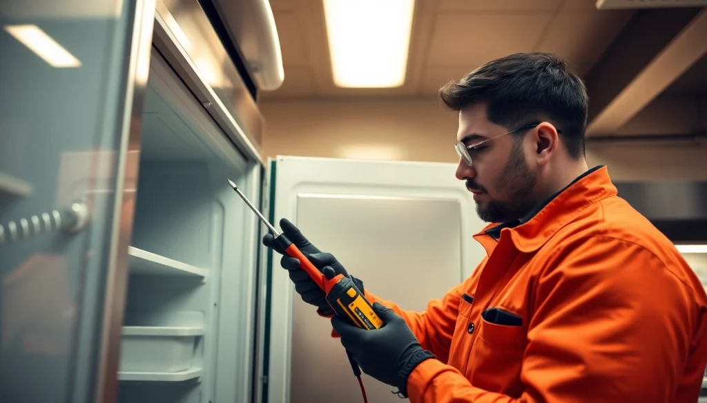 Technician performing walk in freezer repair in a commercial kitchen.