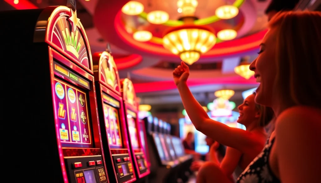 Player enjoying a thrilling win while ปั่นสล็อต at a colorful slot machine in a lively casino.