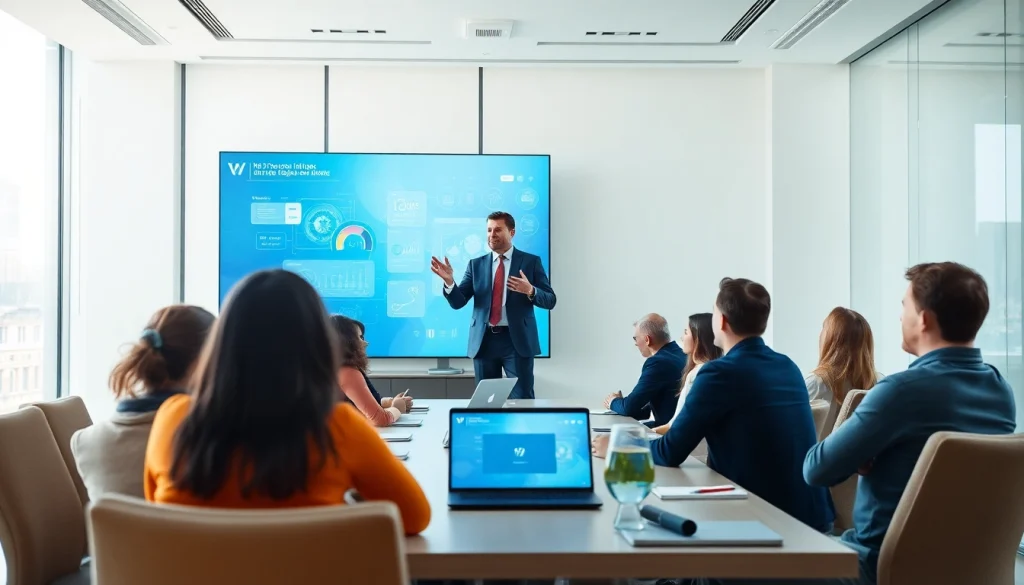 Engaging audience during an AI presentation in a modern conference room.