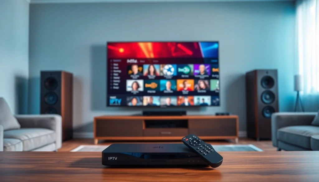 Experience the benefits of a 24h iptv test with a modern home theater setup showcasing vibrant channels.