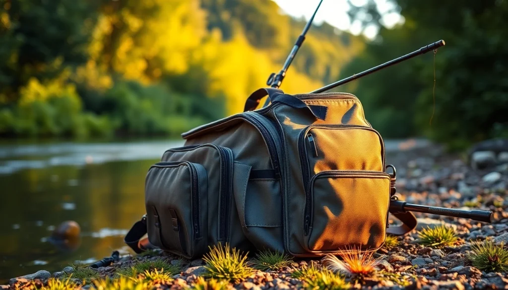 Showcasing a fly fishing bag with compartments beside a river’s edge, ideal for anglers.