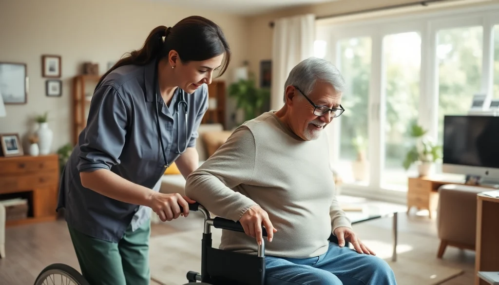 Caregiver assisting an elderly individual, illustrating austin senior home care service with compassion in a warm setting.
