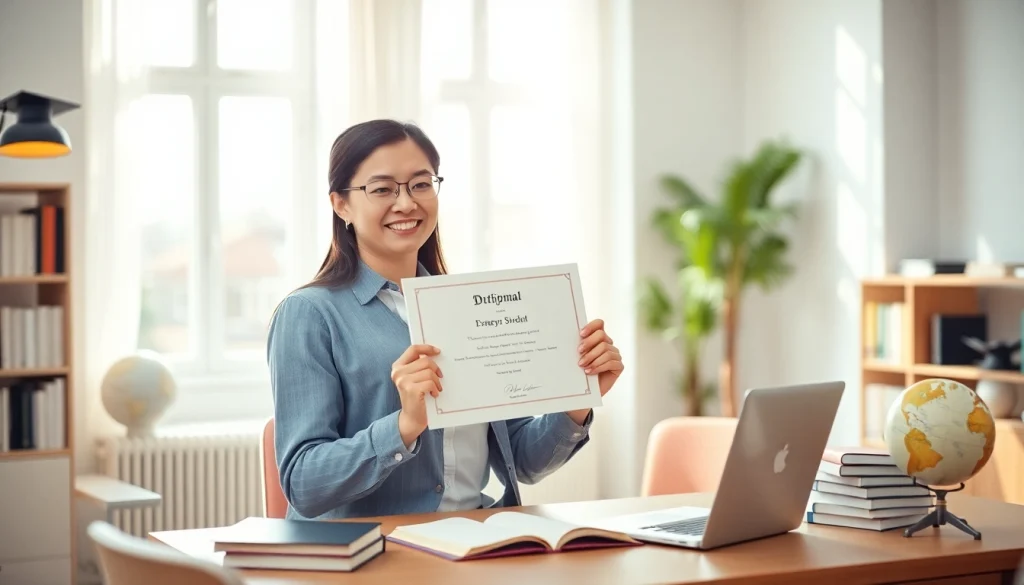 Showcase a degree for sale online with a student proudly displaying their diploma.