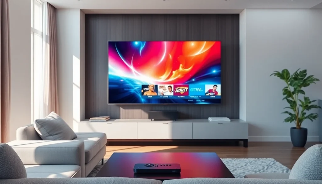 Engaging living room scene showcasing an IPTV provider in UK with modern decor and vibrant streaming.