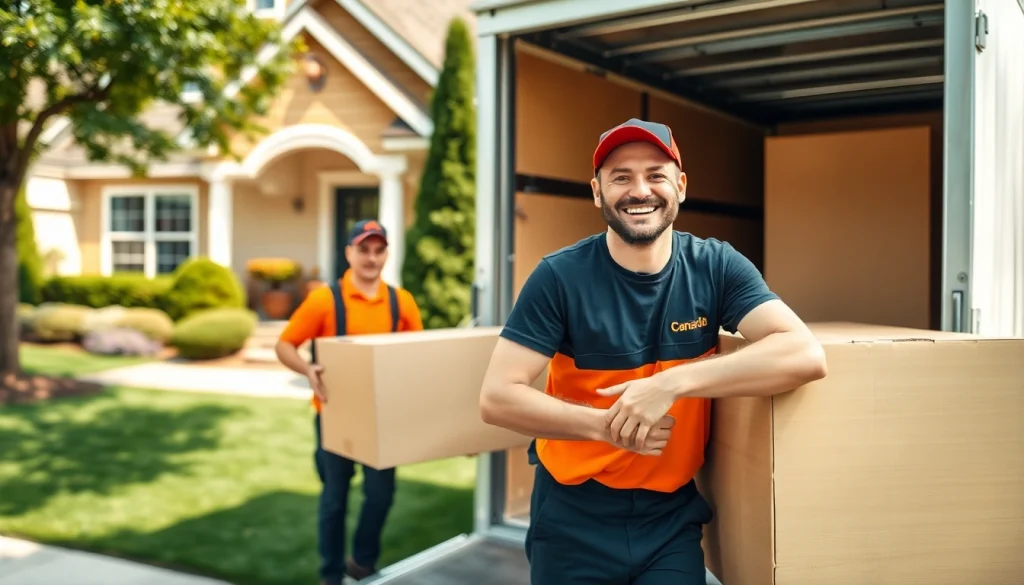 Canadian movers efficiently packing a truck outside a family home.