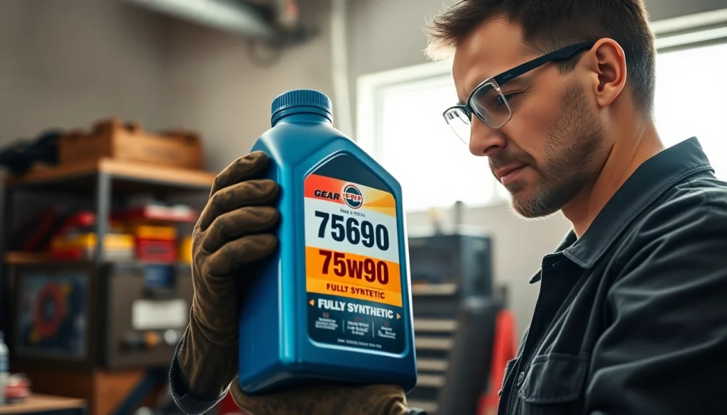 Examine 75w90 gear oil fully synthetic for superior vehicle performance in a garage setup.