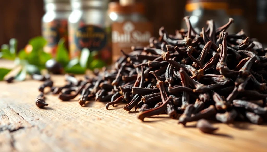 Cloves arranged beautifully on a wooden table, showcasing their unique shapes and rich colors.