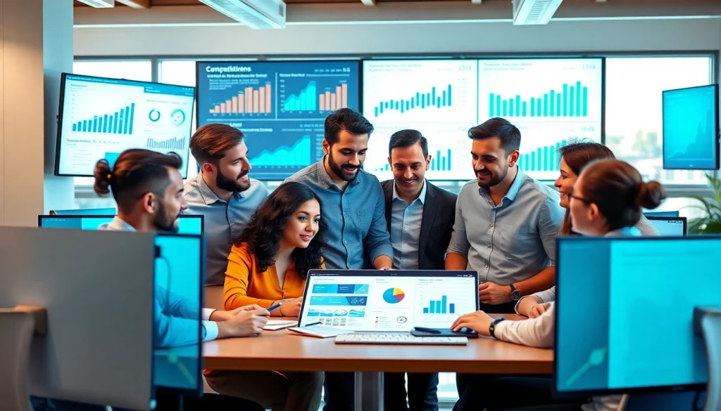 Engage in competitor analysis with a diverse team in a modern workspace.