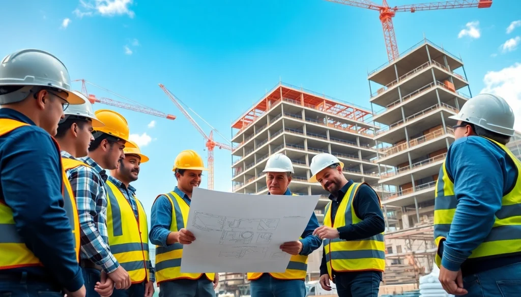 Workers engaged in austin construction on a vibrant site with cranes and blueprints.