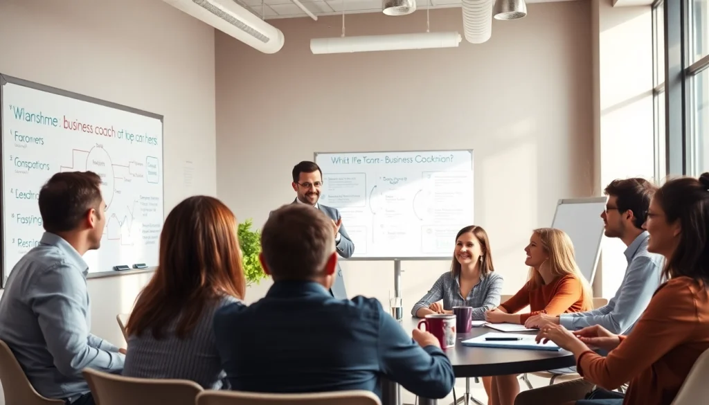 Engaged team in a business coaching service workshop with a professional coach leading the session.