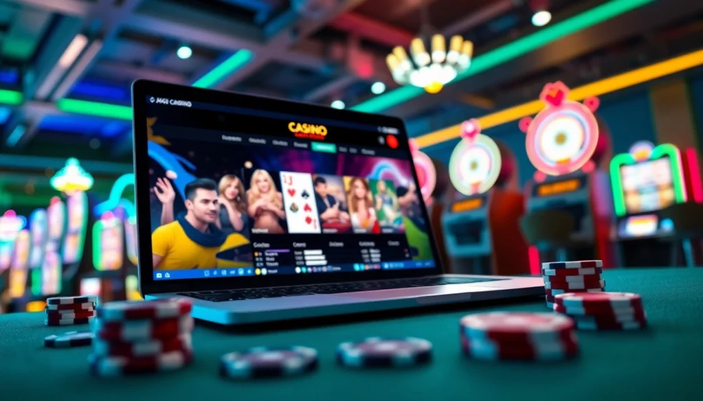 Engaging scene of internet casinos displayed on a laptop amidst vibrant gaming elements.