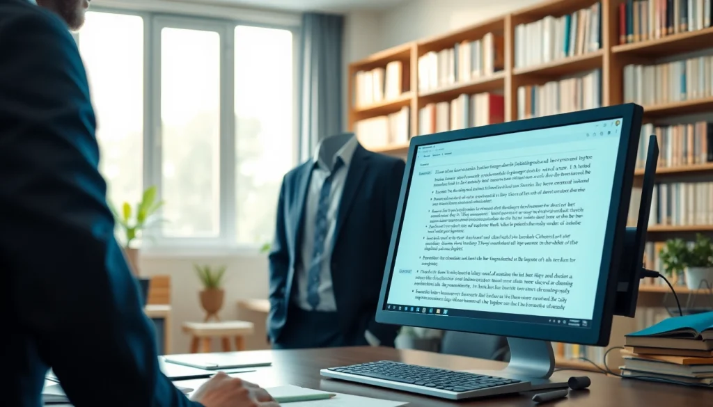 Generate an ai summary of papers in a bright office setting with a professional reviewing outputs.