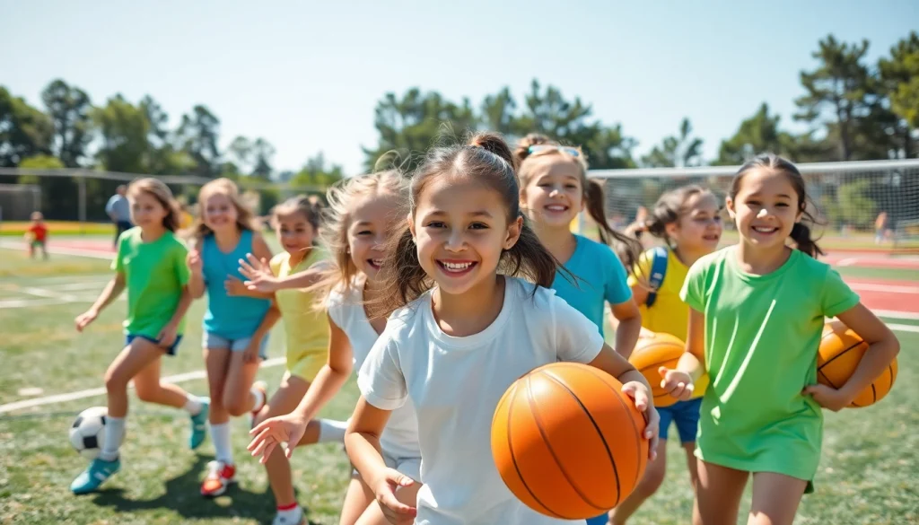 Girls participating in energetic activities at Multi Sports Camps for Girls in a vibrant outdoor setting.