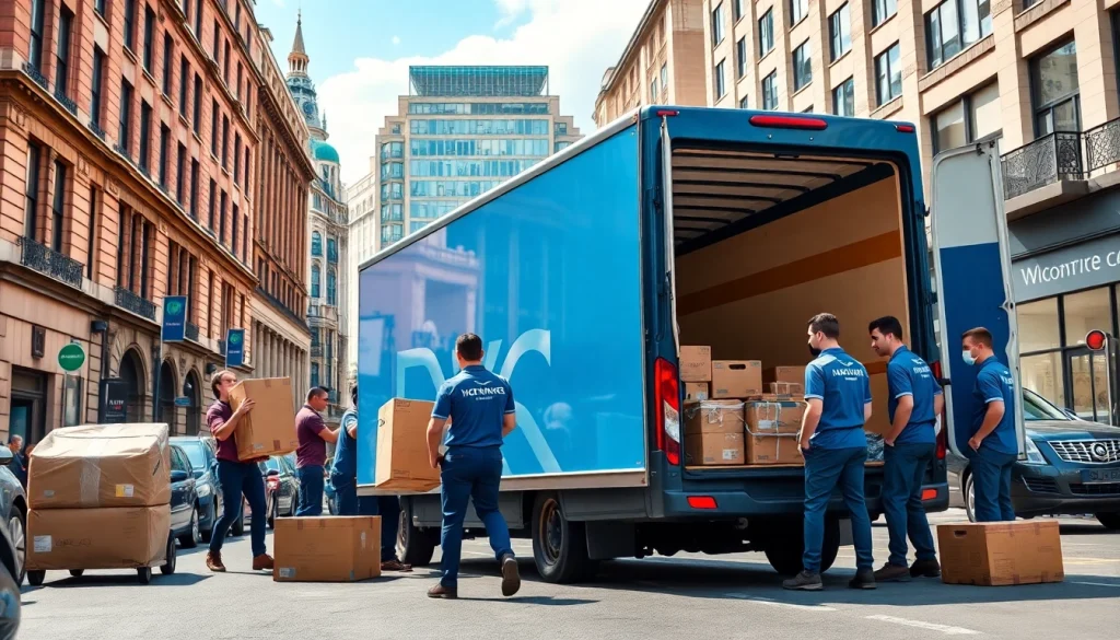 Experienced movers efficiently handling london moving services in a busy city street filled with iconic buildings.