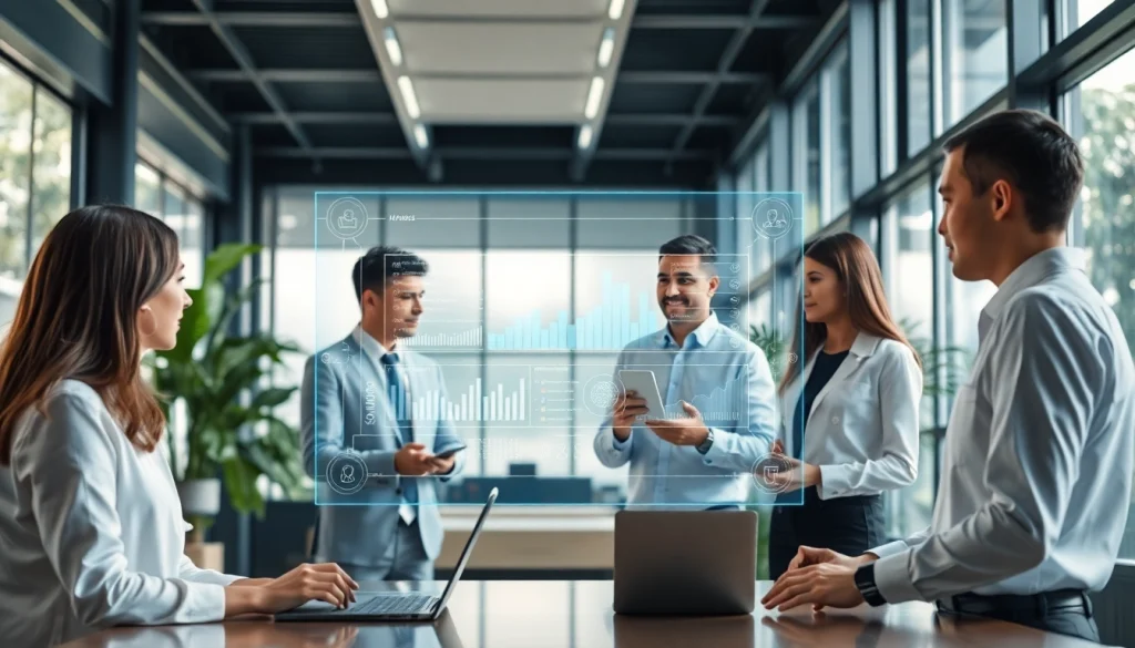 Collaborative professionals utilizing agentic AI in a modern workspace