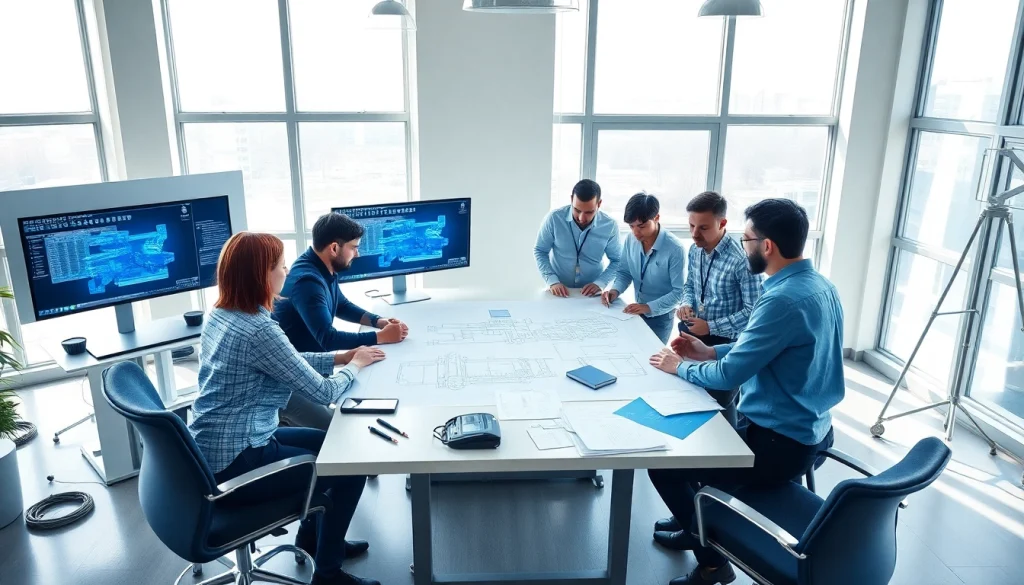 Piping stress analysis company engineers collaborating effectively with advanced designs in a modern office.