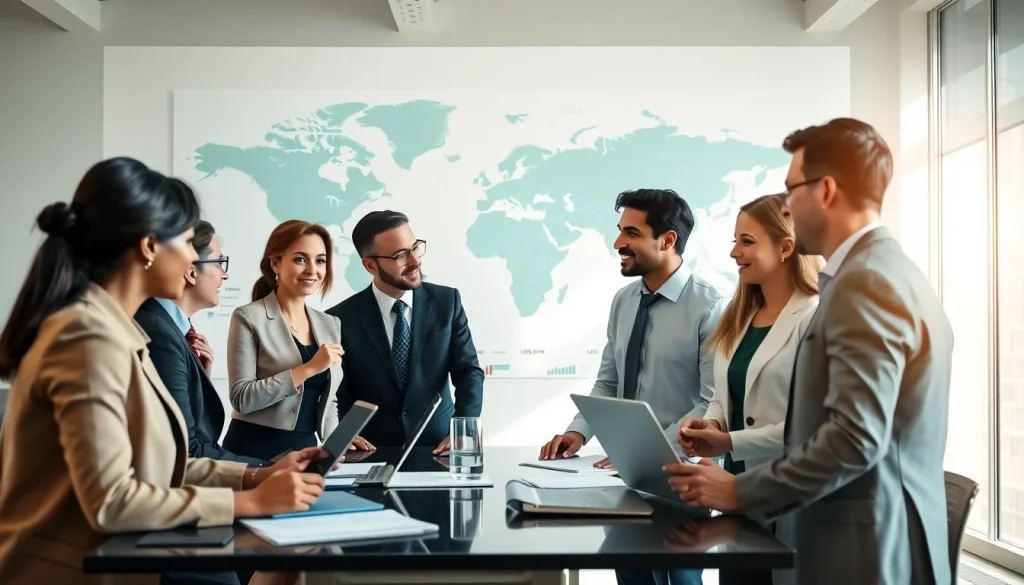 Engaging discussion on trade agreements between diverse professionals in a modern office.