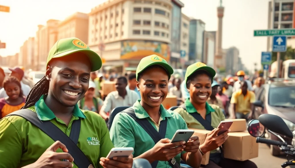 Engaging with delivery apps in Lagos, showcasing drivers and diverse vehicles on busy streets.