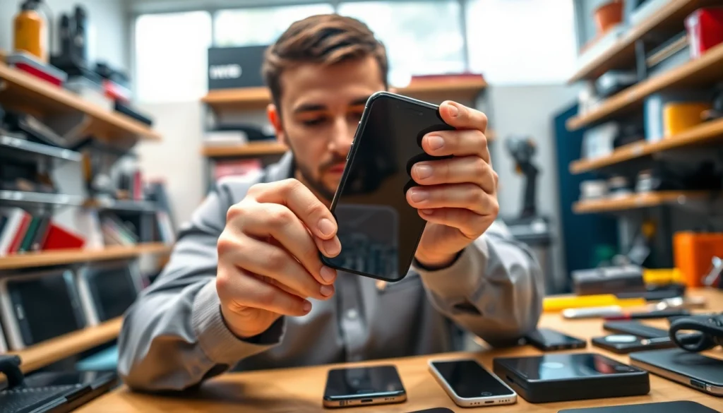 Riparazione iPhone Torino: tecnico che sostituisce lo schermo di un iPhone in un laboratorio moderno.