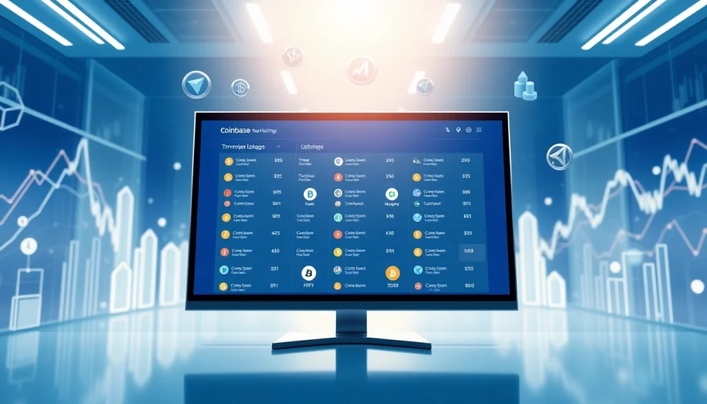 Highlighting the latest coinbase token listings on a digital screen against a modern trading backdrop.