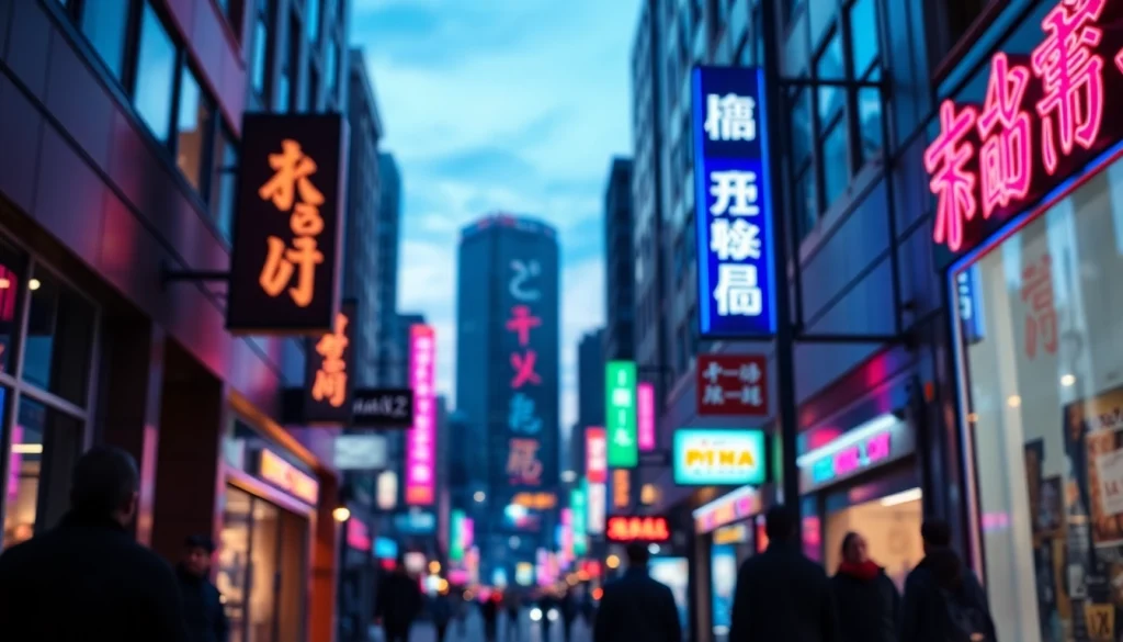 Illuminated electrical signs brighten an urban nightlife scene with vibrant colors.