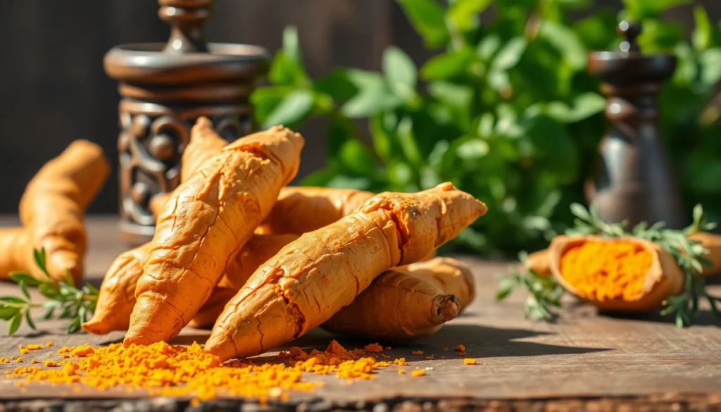 Turmeric Root displayed vividly with rich orange tones against a natural wooden backdrop.