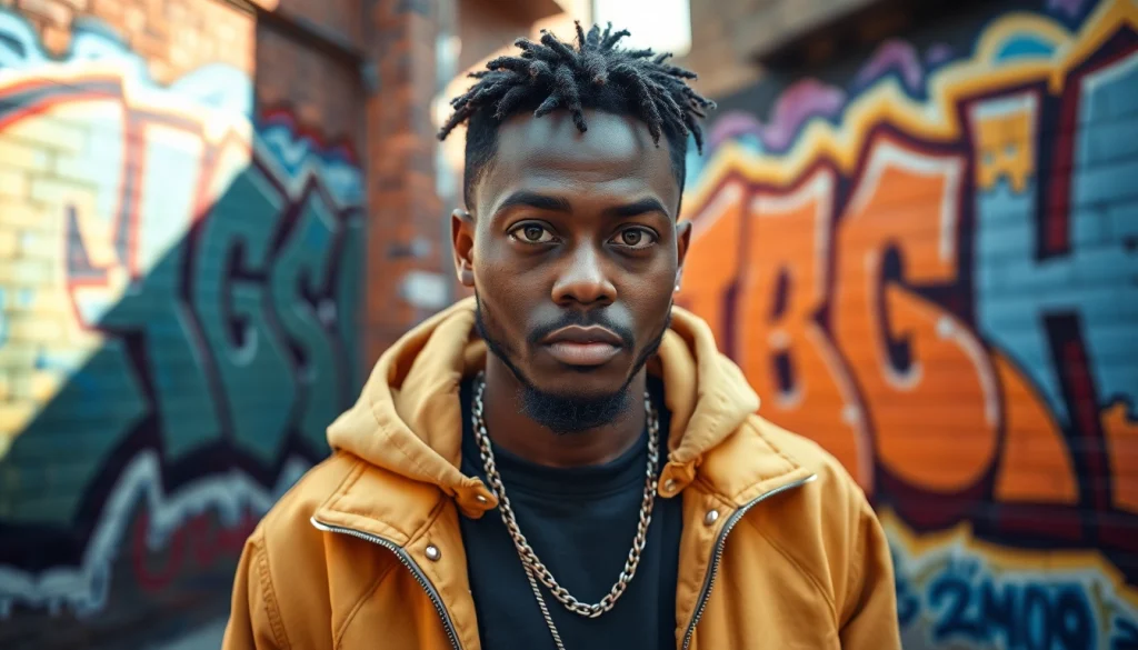 Showcase BigMay202 songs in a vibrant urban portrait highlighting the artist's connection to hip hop culture.