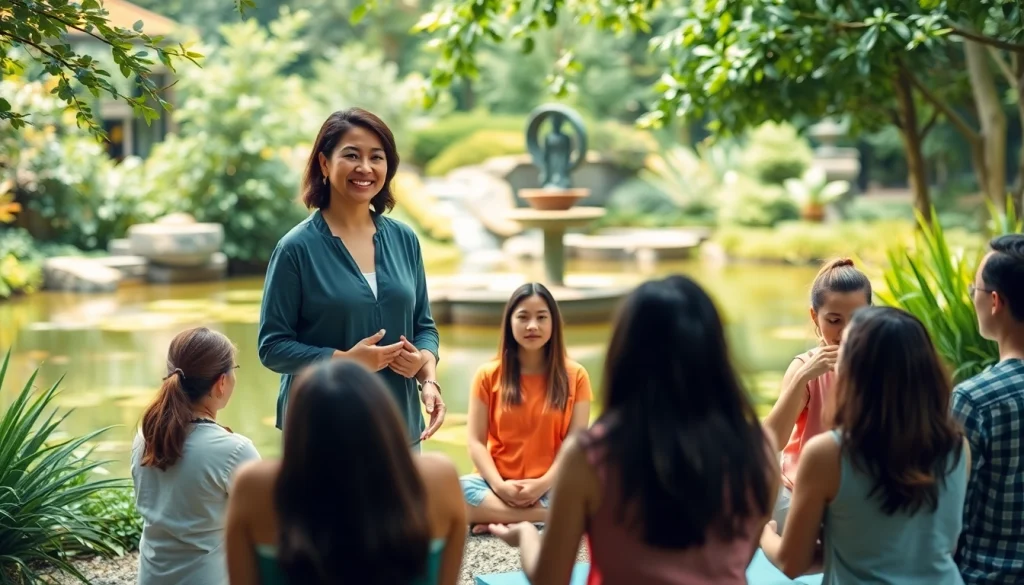 Mindfulness Coach UK leading a group session in a peaceful outdoor environment.