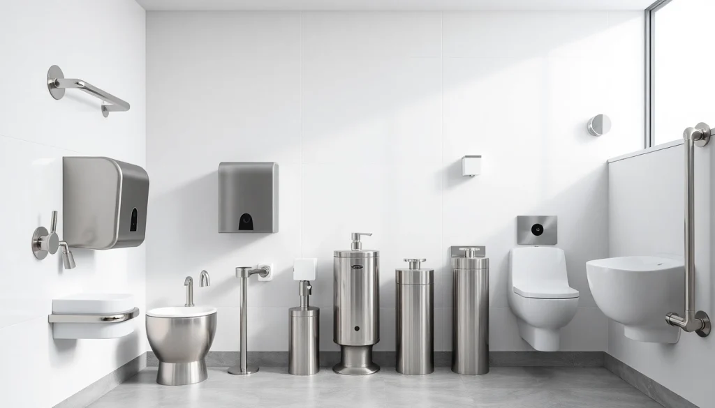 Showcasing premium commercial restroom supplies featuring various modern accessories.
