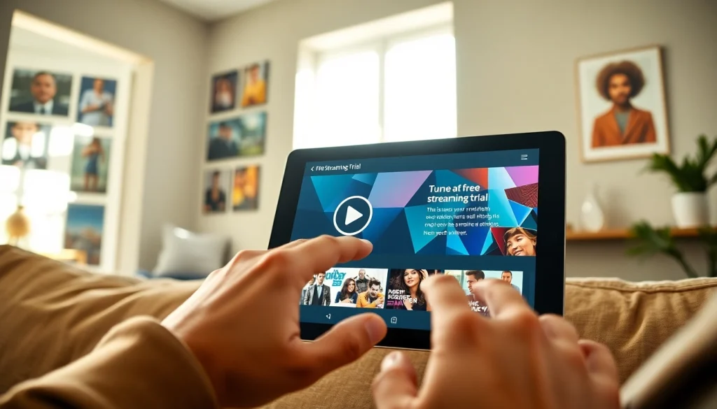 Viewing a free streaming trial on a tablet in a cozy living room, inviting relaxation and entertainment.