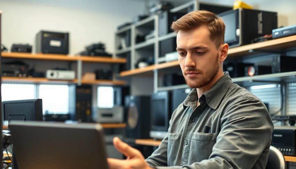 Riparazione computer torino: tecnico esperto in un laboratorio di riparazione con computer e strumenti.