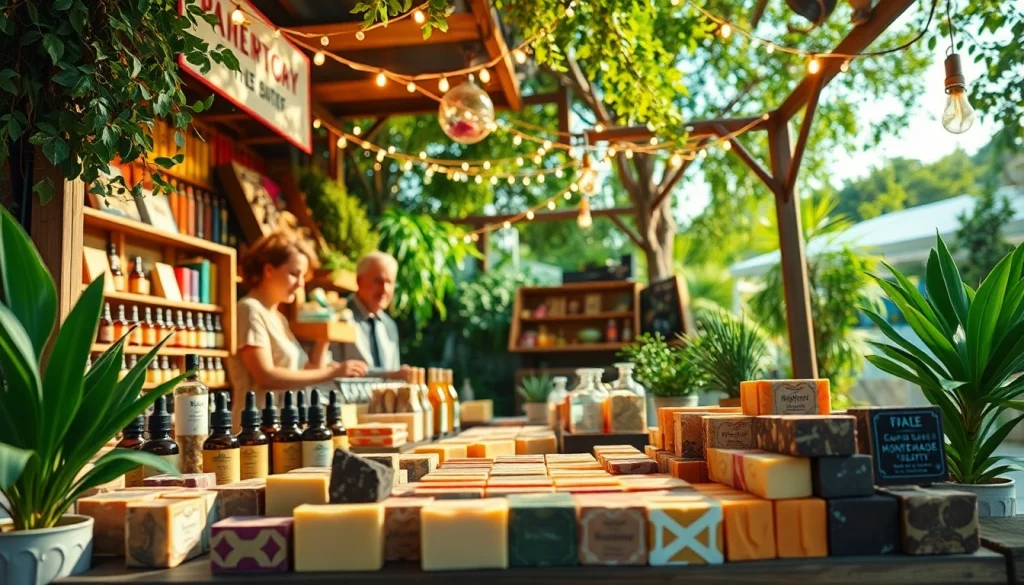 Browse unique organic soaps at www.sudswild.com in a lively outdoor marketplace setting.