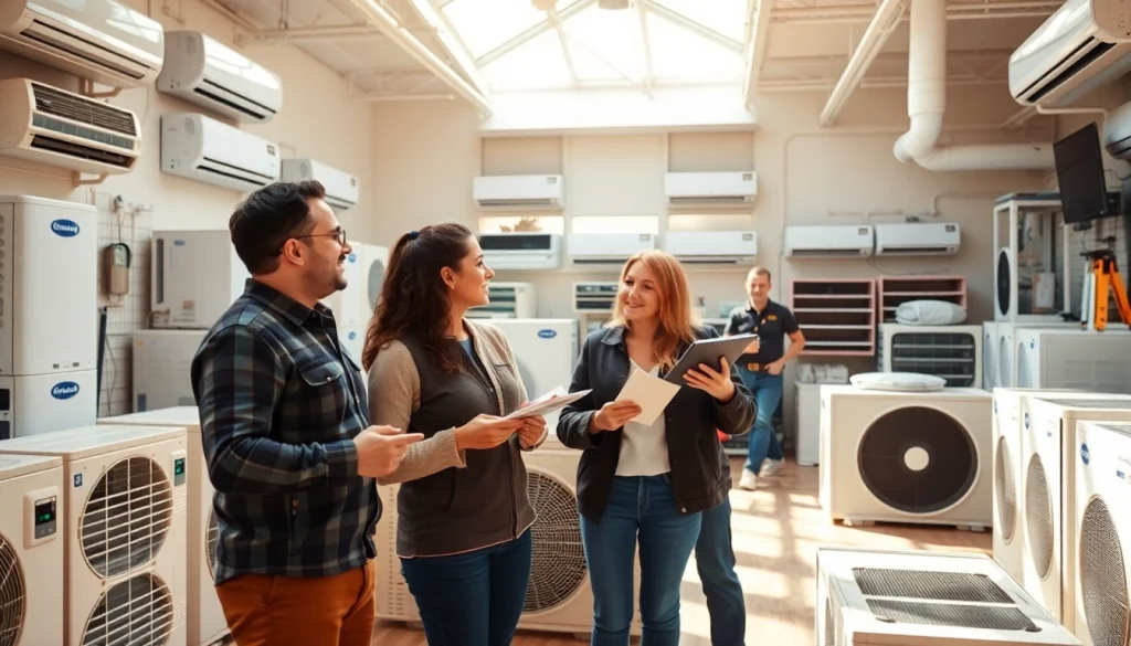 HVAC dealers assisting customers in a bright showroom filled with diverse heating and cooling solutions.