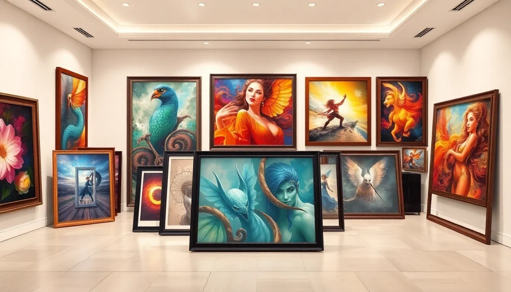 Displaying large frames with exquisite art to inspire home decor choices in various styles.