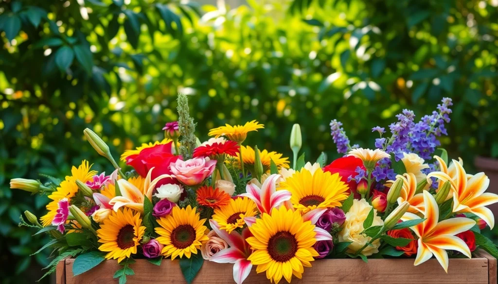 Beautifully arranged Orange County flowers in a rustic crate surrounded by vibrant greenery.