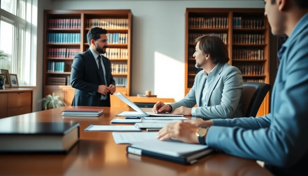 Abogada consulting with a client in a modern office setting, showcasing professionalism.