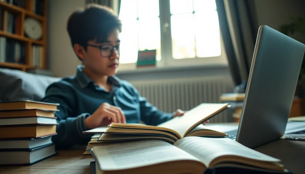 Engaged student practicing for the Duolingo English Test in a cozy study.