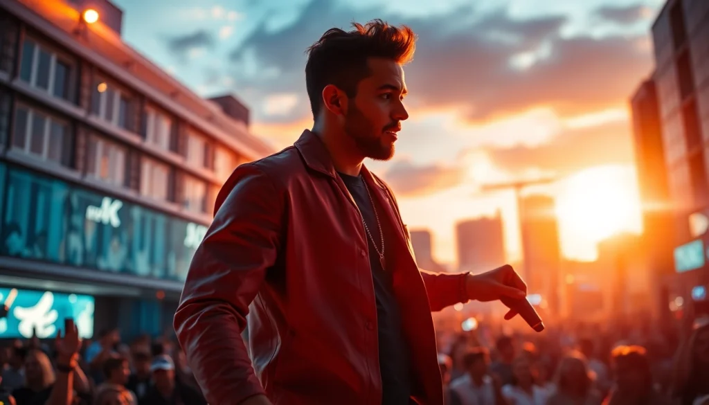 Showcase of musical innovation with an artist performing amidst vibrant sound waves.