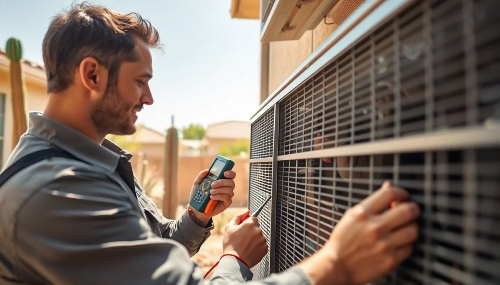 AC repair services in Glendale, AZ, showcasing a professional technician working diligently on an air conditioning unit.