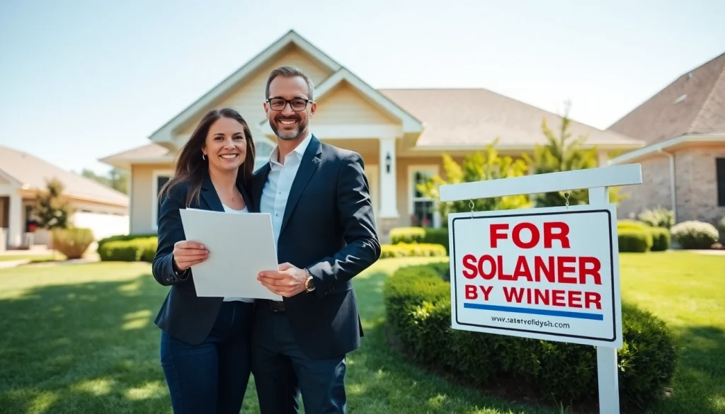 Sell my house no realtor Little Rock, ar sign in front of a welcoming suburban home with a smiling couple.