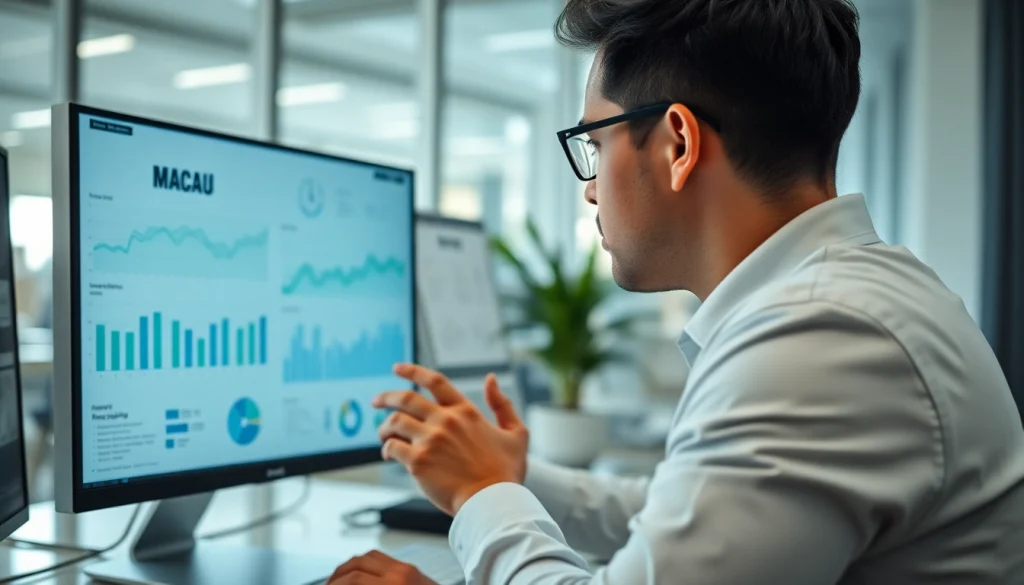 Menganalisis data macau dengan grafik dan statistik di kantor modern.