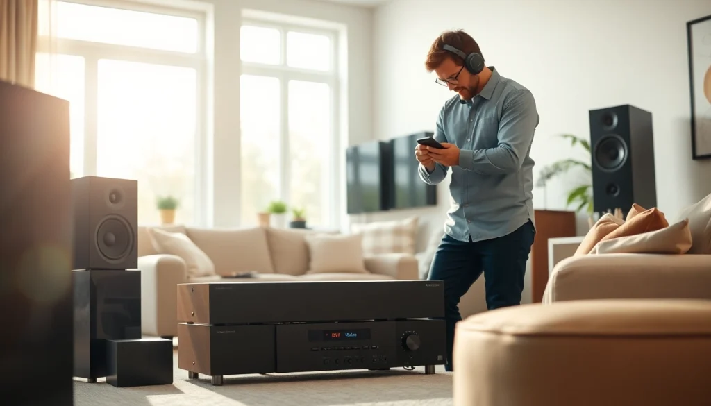 Install home audio system near me by an expert technician in a stylish living room.