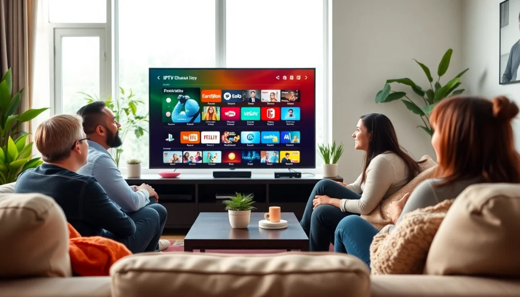 Family enjoying IPTV subscription content in a bright living room atmosphere.