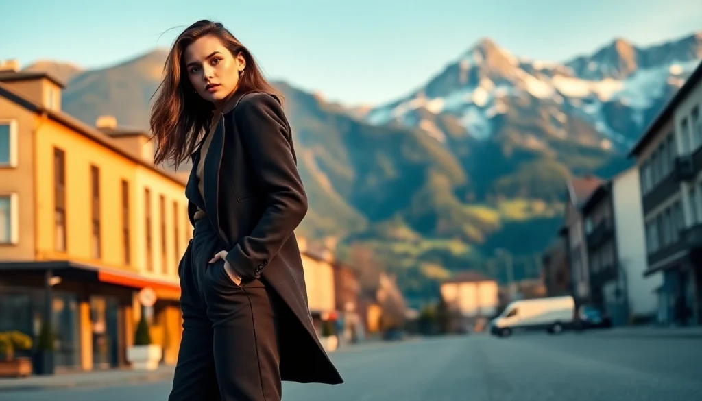 Model Schweiz in eleganter Kleidung vor einer beeindruckenden Alpenlandschaft präsentieren.