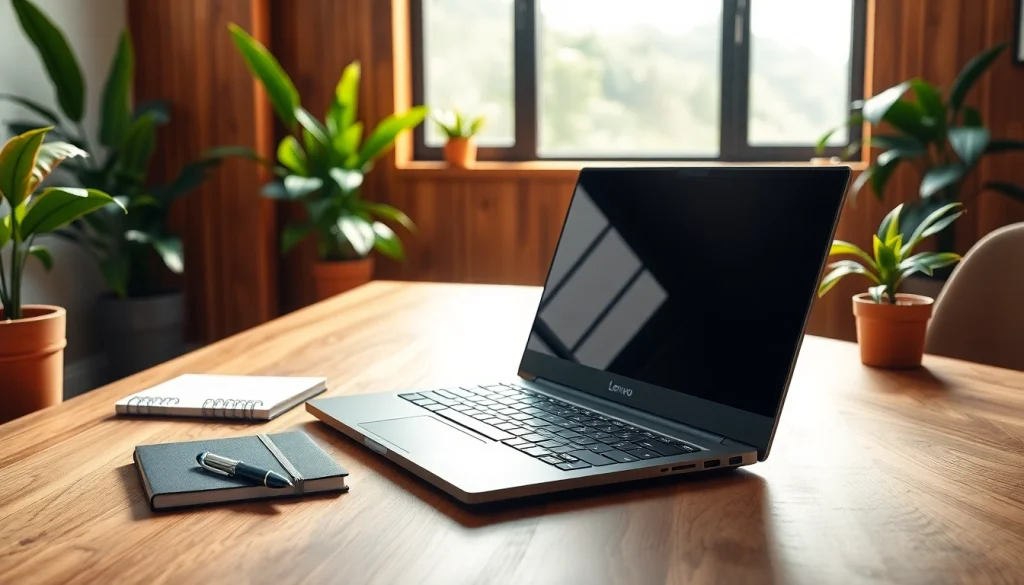 Comparativa de laptops Lenovo en un escritorio moderno con accesorios elegantes.